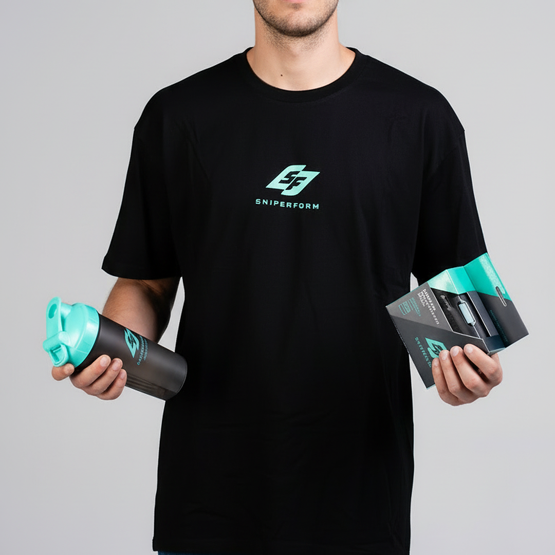 Sniperform SF Bundle Trifecta - OG Tee, LevelUp Performance Grips and Protein Mixer shaker combo