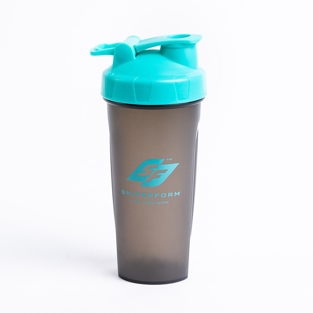 Sniperform Protein Mixer shaker bottle with teal lid and SF logo - high quality gym shaker on white background